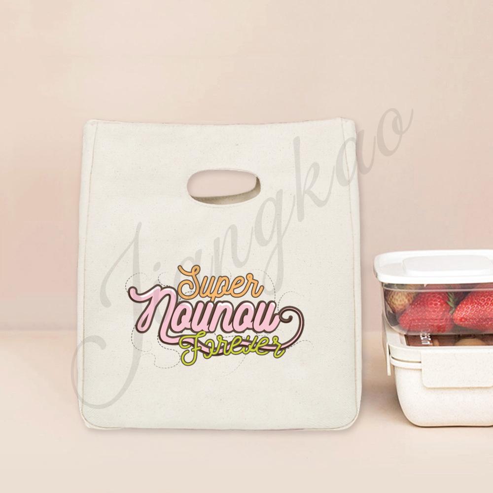 Beste Nanny der Welt Aufdruck Lunchtasche Tragbar Isoliert Canvas Kühltasche Bento Tasche Thermisch Lebensmittelaufbewahrungstaschen Geschenk für Nounou