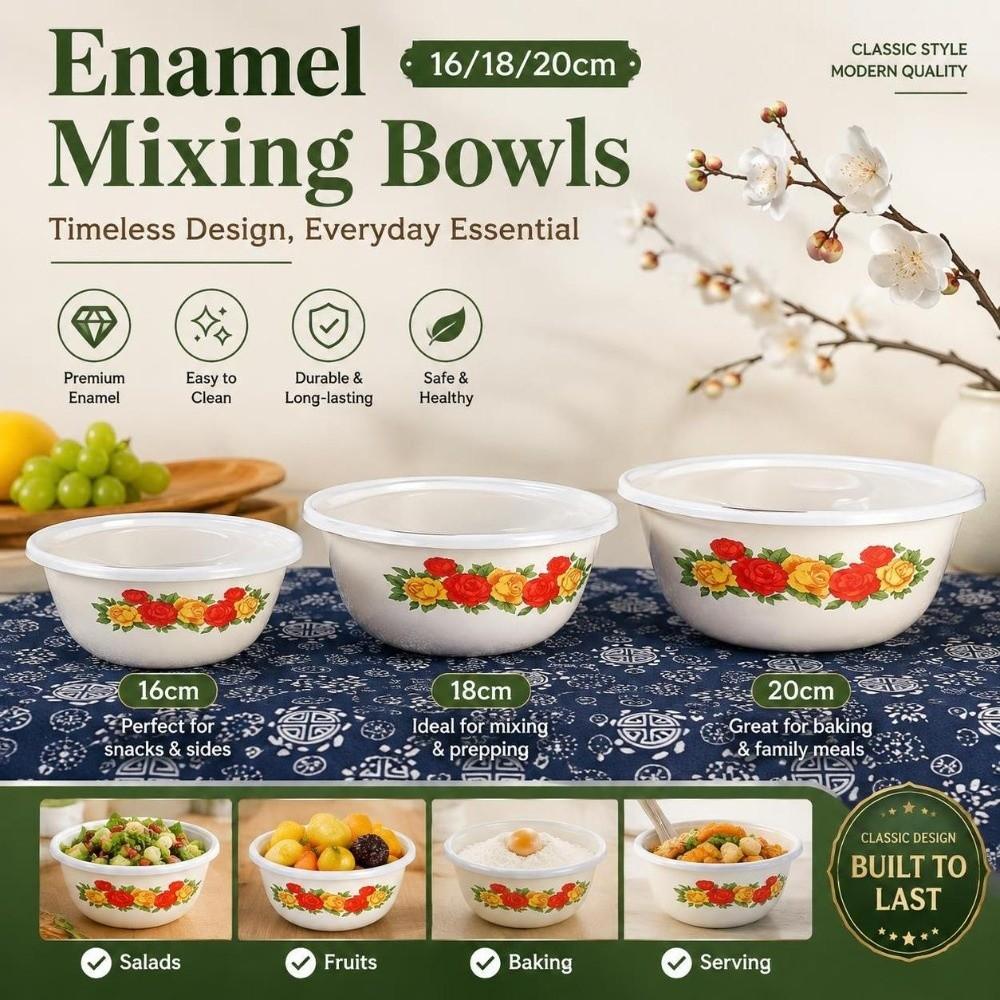 Floral Enamel Mixing Bowl Chinese Rose Print Instant Noodle Bowl Office Lunch