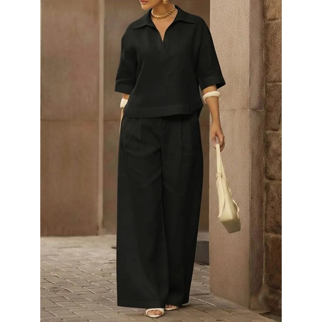 Women's Loose Two Piece Matching Suit Three Quarter Sleeve Polo Collar Blouse High Waist Wide Leg Pant Set