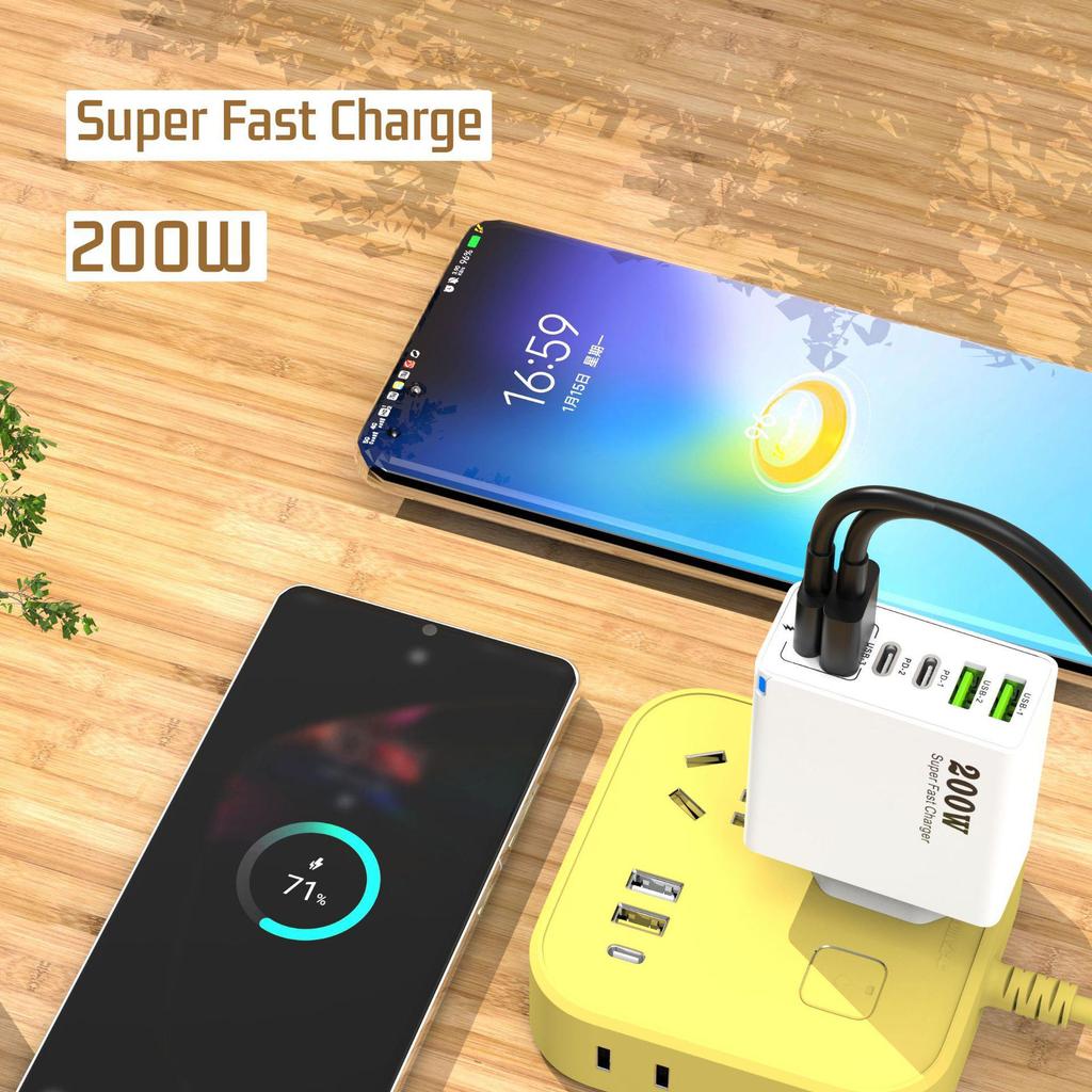 200W Multi-Port Charger - 3 USB & 3 PD Ports, Six-in-One Fast Charging for Phones (5V 2.4A), EU/US/UK Compatible
