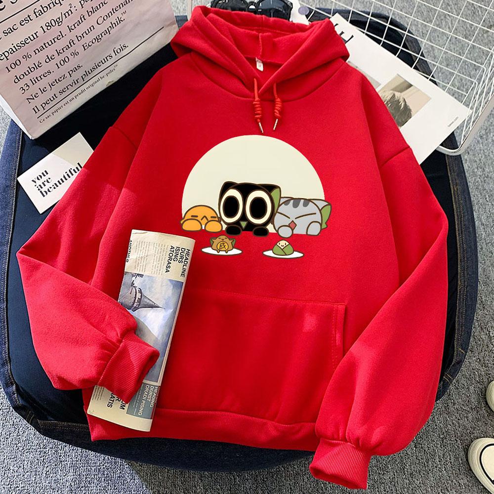Luo Xiao Hei Cat Cartoon Printing Hoodies Winter Fleece Kawaii Printing Sweatshirts Streetwear Women Comfortable Pullover