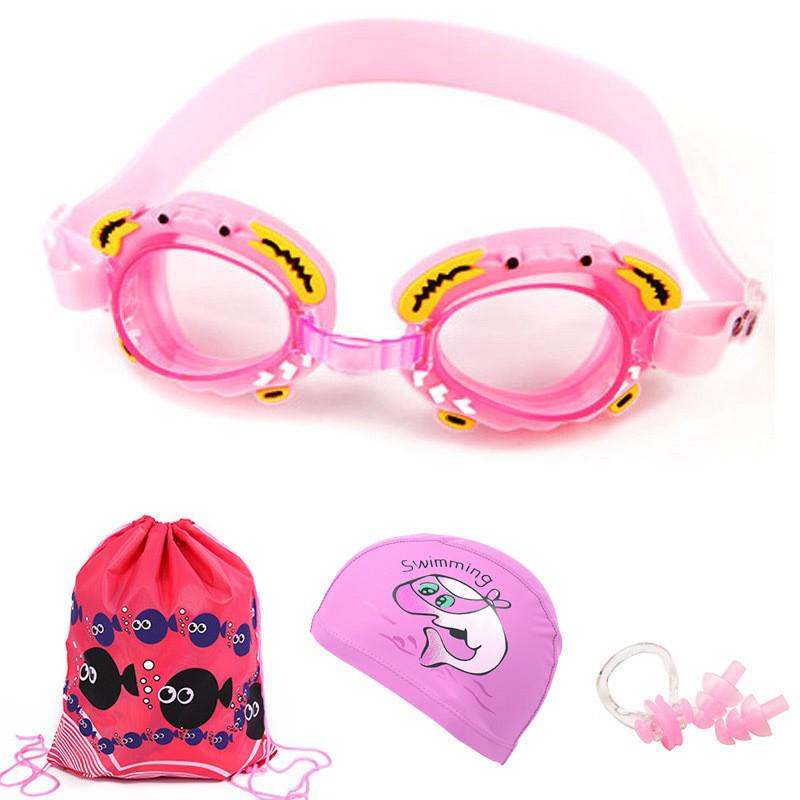 Kids' Cartoon Crab Swimming Goggles Set – Waterproof, Anti-Fog Lenses for Boys & Girls, Four-Piece Set