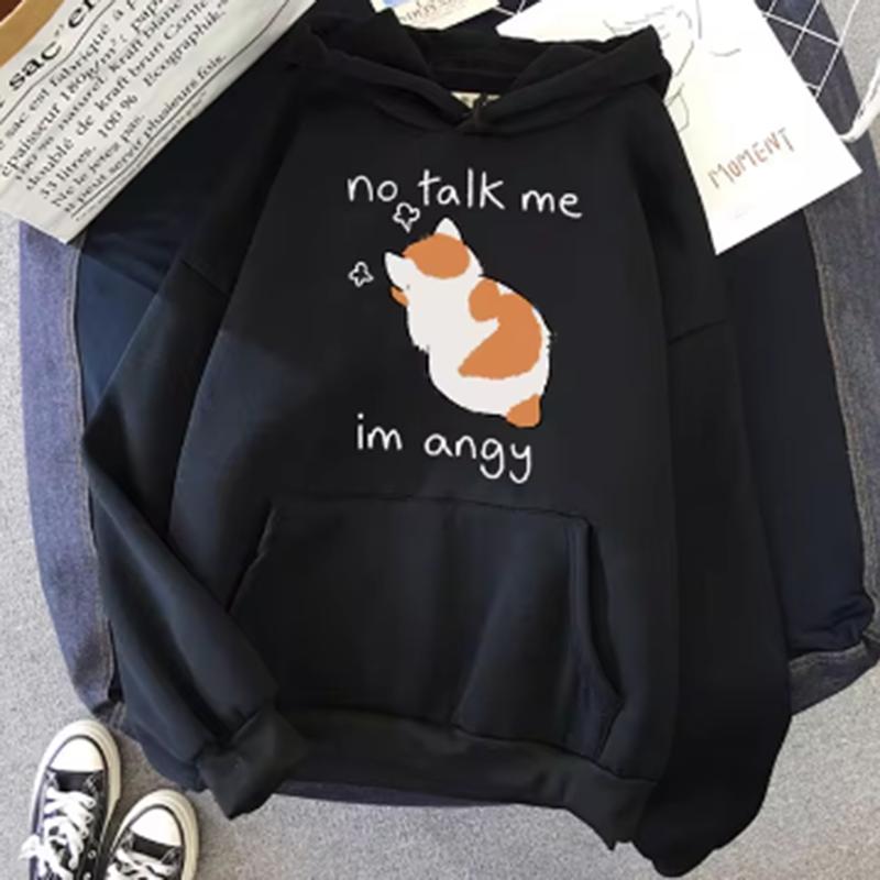 Sudadera con estampado de gato enojado No Talk Me para mujer, sudadera suave de Hip Hop, sudadera informal de lana, ropa de calle de lana de gran tamaño para mujer