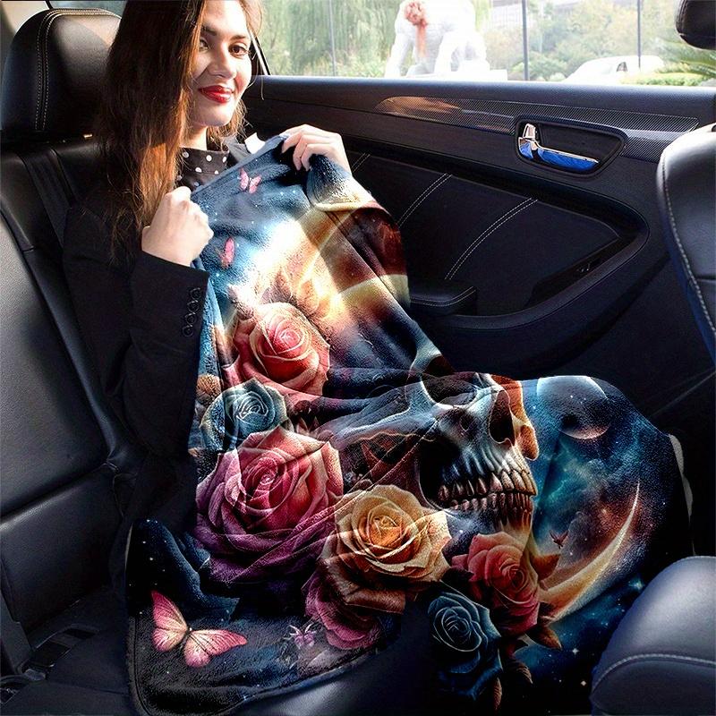 1pc Skull Surrounded by Roses Butterflies and Celestial Moons Super Soft Flannel Blanket Great for Bed, Sofa, Chair, Camping