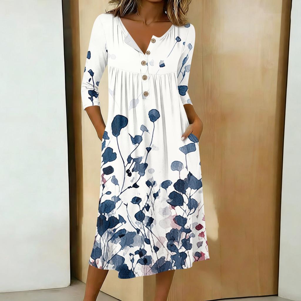 Women's Fashionable Color Printed Round Neck 3/4 Sleeve Button Collar Mid Length Casual Dress