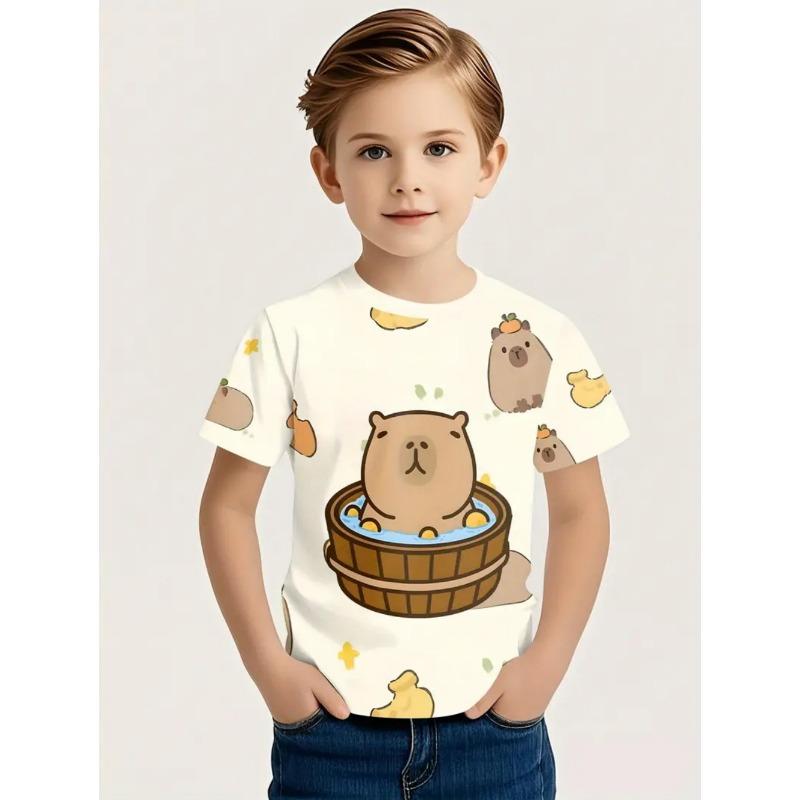 Nowa Koszulka z Krótkim Rękawem ze Zwierzętami Śliczny Nadruk ze Wzorem Kapibary Szybkoschnąca Koszulka z Okrągłym Dekoltem Casualowa Koszulka z Kreskówką dla Dzieci