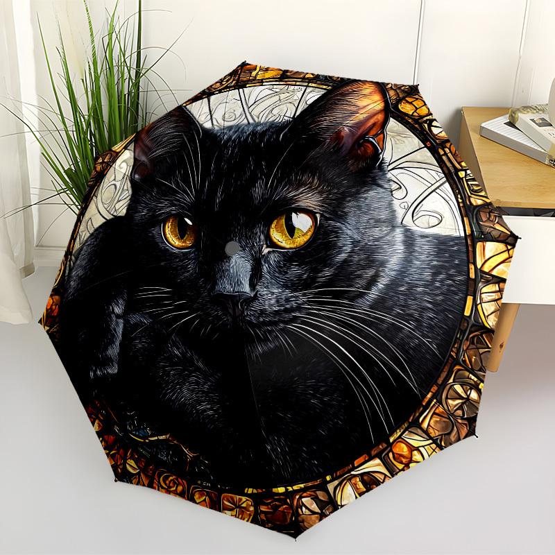 1pc Black Cat Artwork Automatic Folding Umbrella, Heavy-Duty 8-Rib Construction, Perfect for Everyday Yy251114113