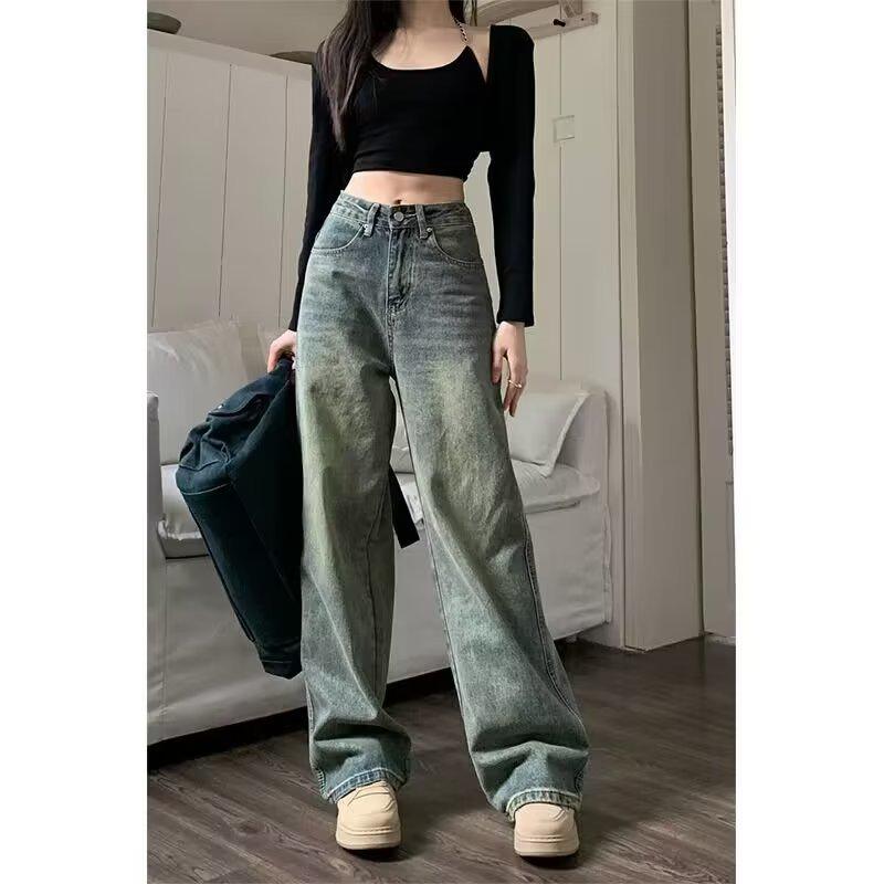 Women's Distressed Retro High-Waist Wide-Leg Jeans - Washed, Loose-Fit, Floor-Length for Spring/Summer