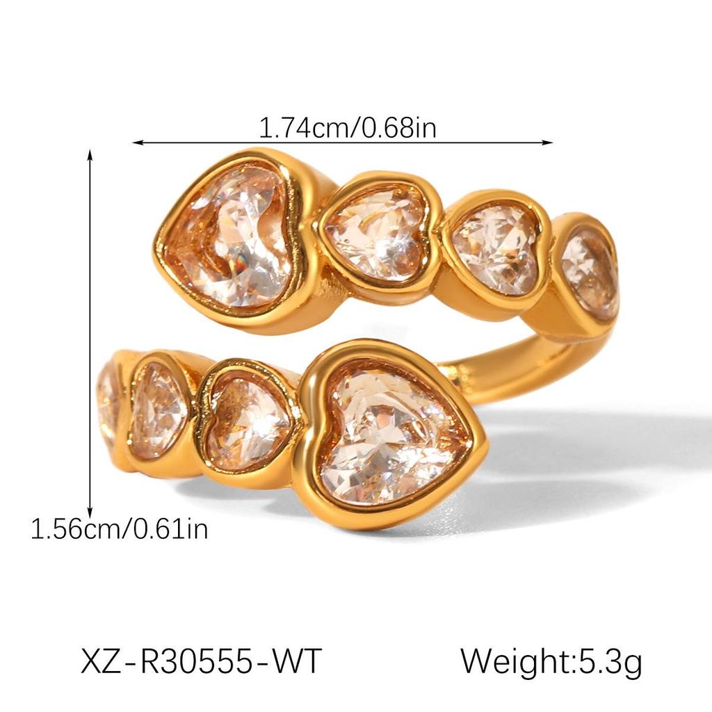 Exclusive Heart-Shaped Zircon Titanium Steel Open Ring for Women - European & American High-End, Non-Fading
