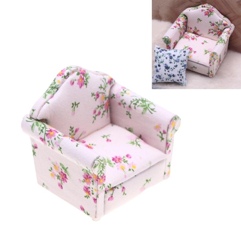 Miniature Flower Print Sofa Figurine For Doll House Wood Single Couch Furniture for Adult and Kids Collectible Project