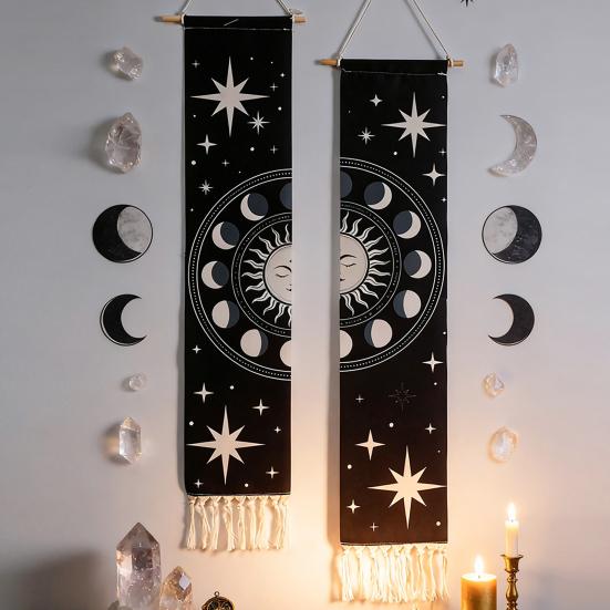 Fringed Tapestry, Soft Cotton with Sun Moon Star Prints Wall Hanging, Bohemian Style Doorway Curtain for Bedroom Living Room