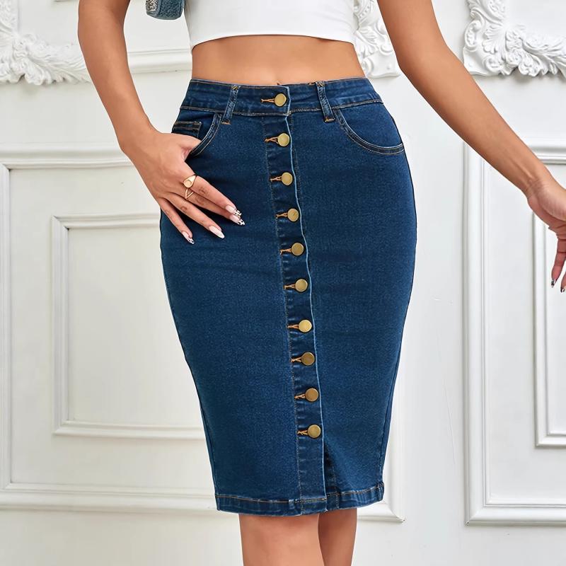 

Women s one-piece front multi-button bodycon skirt, stretchy women s denim skirt S темно-синий