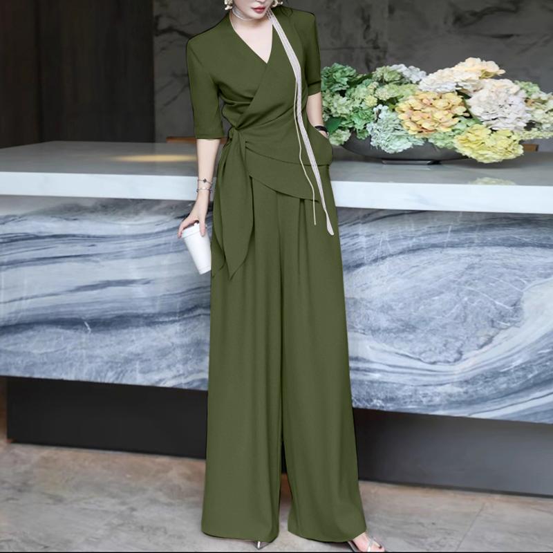 ZANZEA Womens Casual V-Neck Half Sleeve Wrap Tie Top and Loose Pants Two Piece Suit Sets