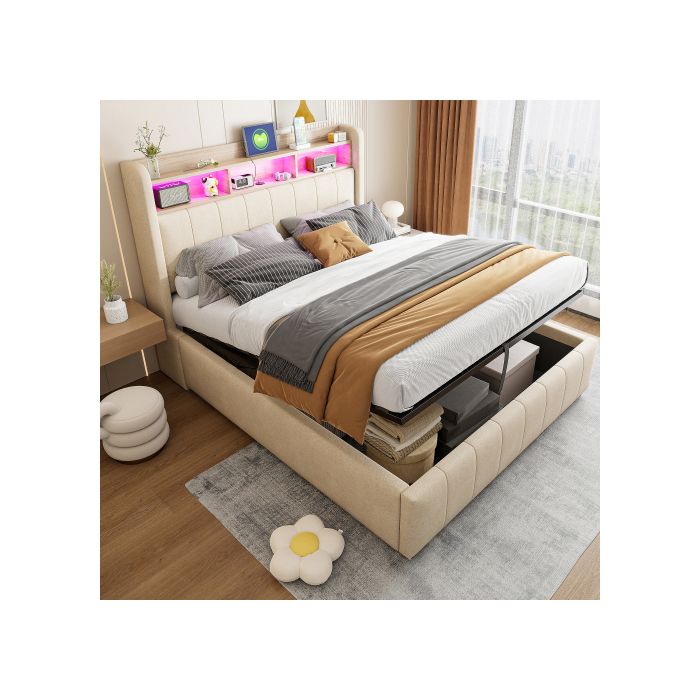 Lit Rembourré 140*200 Cm, Avec Éclairage LED Et Prise USB, Tête De Lit Avec Étagères Et Rangement, Tissu De Lin Beige