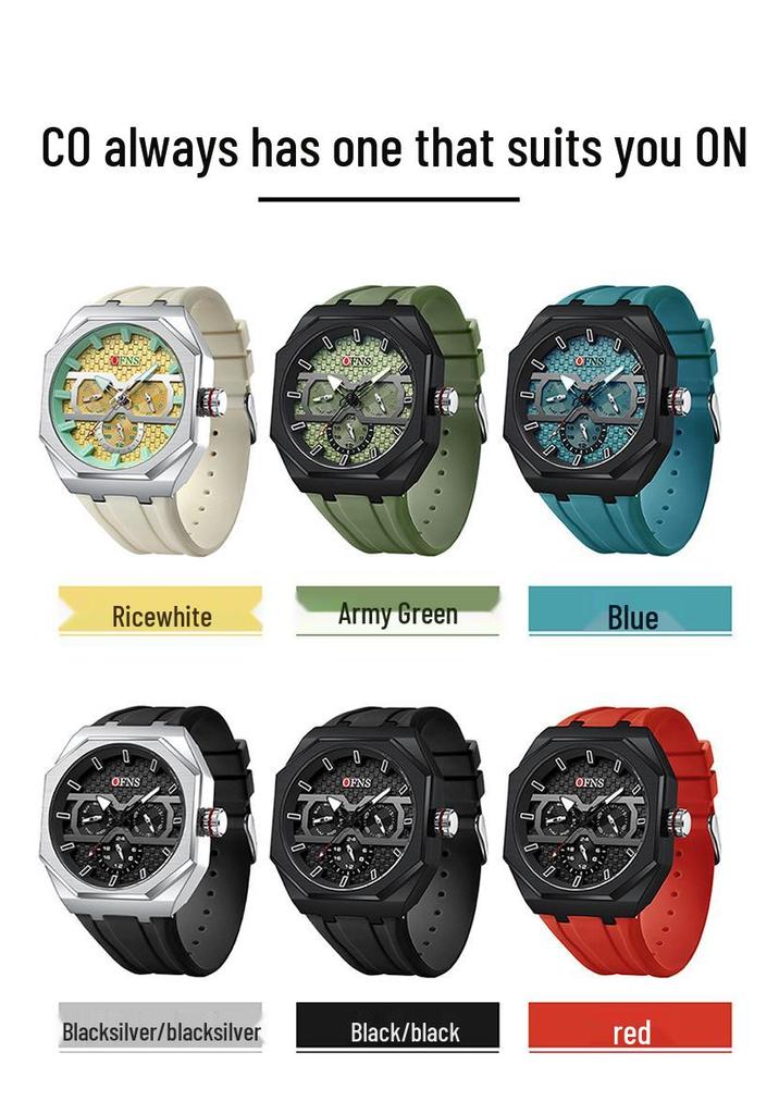 OFNS Men's Waterproof Octagonal Quartz Wristwatch with Large Dial & Three-Eye Six-Hand Design