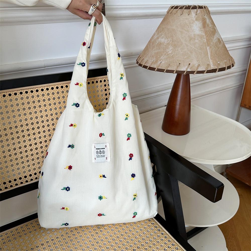 Adorable Floral Canvas Tote Bag For College Students Cute Handheld Shoulder Bag Spacious