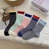 Autumn Socks: Women's Color-blocked Double Flared Rolled-up Trendy Socks, Mid-calf Socks, Striped Versatile Pile Socks