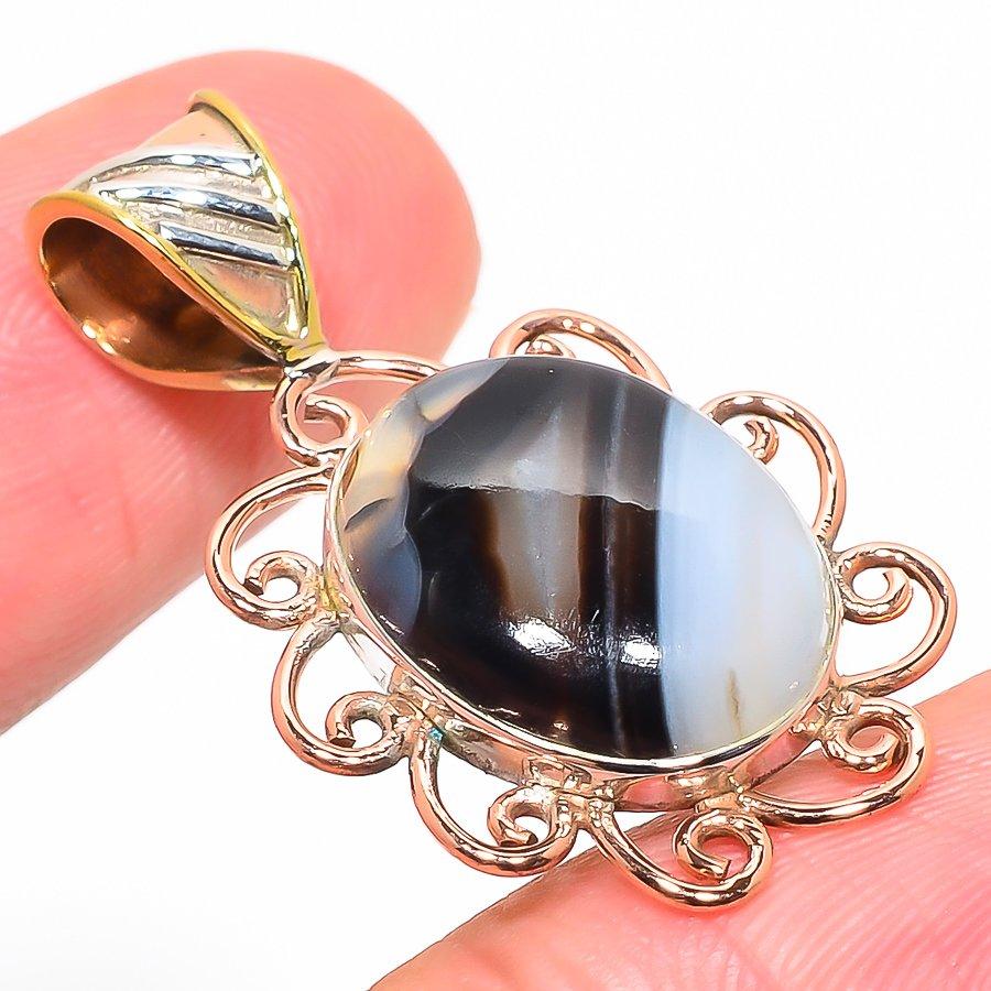 Natural Botswana Agate Two Tone 925 Solid Sterling Silver Pendant 1.30" q7T37