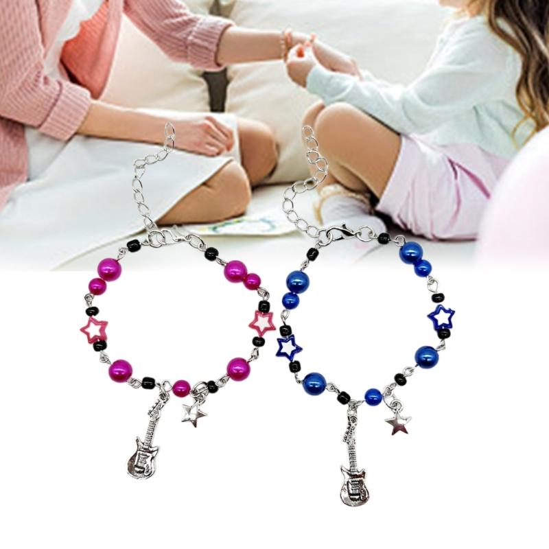 2Pcs Guitar Star Charm Bracelet Simple Beaded Bracelet Statement Jewelry Adjustable Wristband Couple Accessories