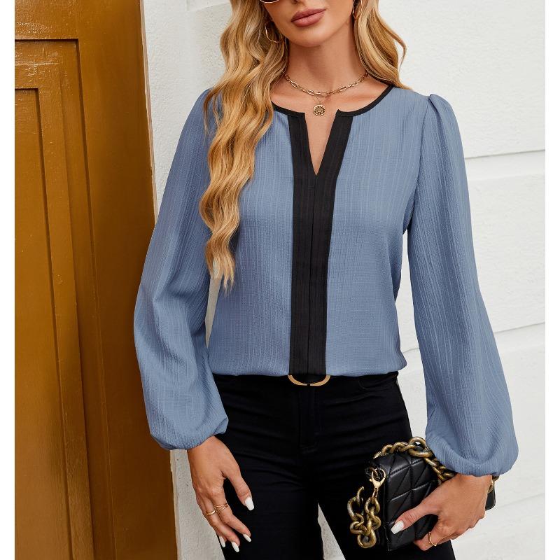Haut de chemise à manches longues bouffantes à col en V et à assortiment de couleurs pour femmes