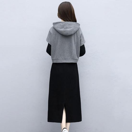 Women's 2 Piece Dress Set Pullover Hooded Drawstring Sweatshirts Midi Dress Lounge Sets Casual Fall Spring Outfits