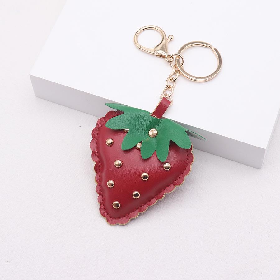 Cute Cartoon Strawberry Leather Keychain for Women Car Bag Pendant Keyring Accessories