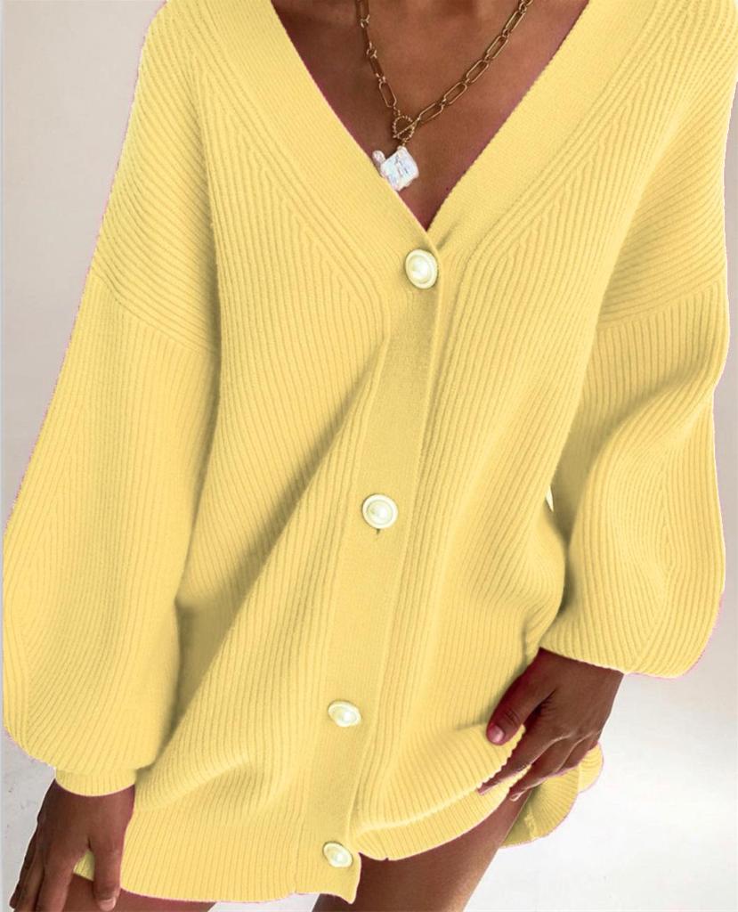 Women's Autumn/Winter Pearl Button Cardigan Sweater Coat - Loose Fit & Solid Color
