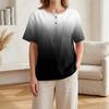 Women’s Fashion Printed Henley Button Neck Short Sleeve Cotton Linen Shirt with Chest Pocket Gradient Design Loose Fit Top