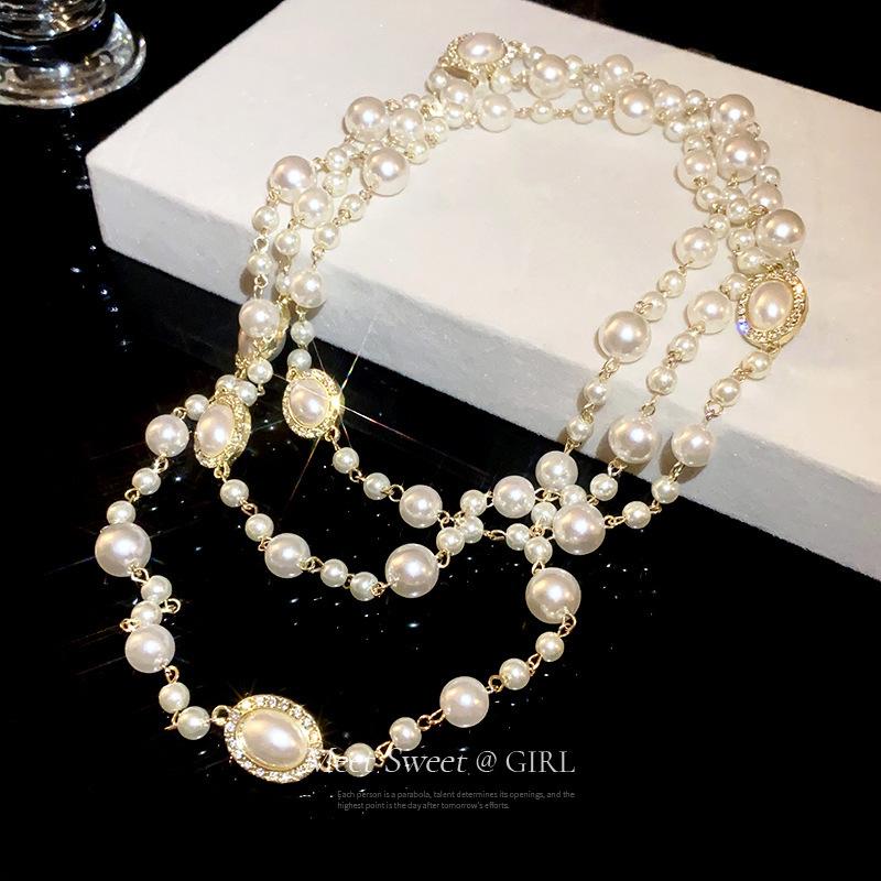 Exaggerated long large pearl necklace multi-layer light luxury niche cheongsam sweater chain stacked neck chain women's decorative accessories