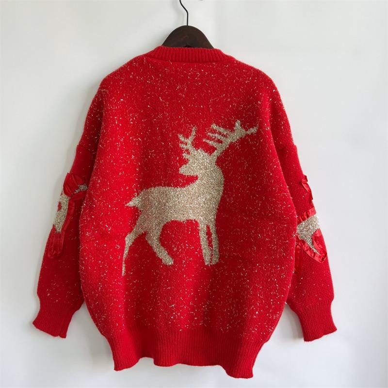 New Autumn/winter Christmas Sweater Women's Ribbon Gold Thread Jacquard Deer Round Neck Thick Knit Pullover