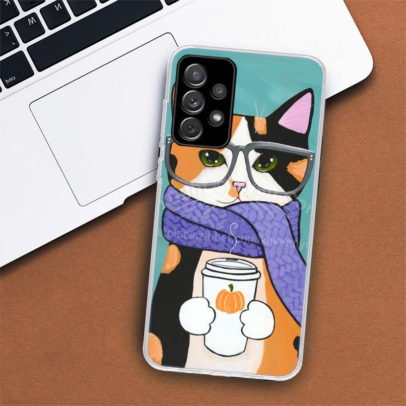 

Чехол для телефона с изображением кота и кофе латте с молоком для Samsung Galaxy A53 A52 A73 A72 A12 5G A13 A22 A23 A32 A33 A02S A03S A42 A43 A50S Coqu Samsung A91