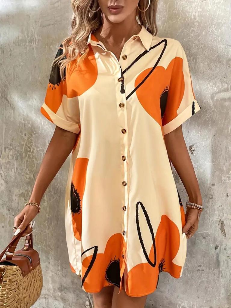 Frühjahr/Sommer 2025 Europäisches & Amerikanisches Lässiges Damen-Print-Hemdblusenkleid