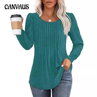 Blusa feminina manga bolha cordão babado gola redonda manga comprida top