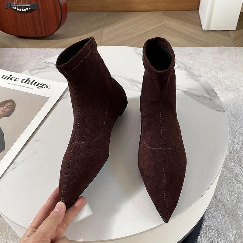 

Осень и зима новая простая матовая замшевая обувь-носки на плоской подошве, ботильоны на плоском каблуке, тонкие ботильоны, темпераментные остроносые короткие ботильоны женские 36 темно-коричневого