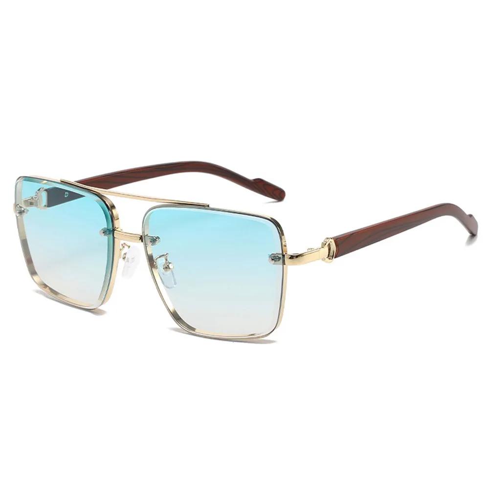 Double Bridge Metal Sunglasses Wood Grain Temple Gradient Lenses Summer Shades Square Frame Men's Driving Sun Glasses Unisex