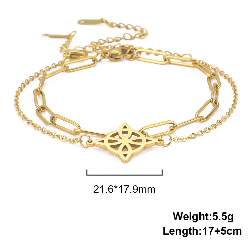 Double Layer Stackable Welded Cross Chain with Hollow Four Leaf Clover Round Pendant Bracelet