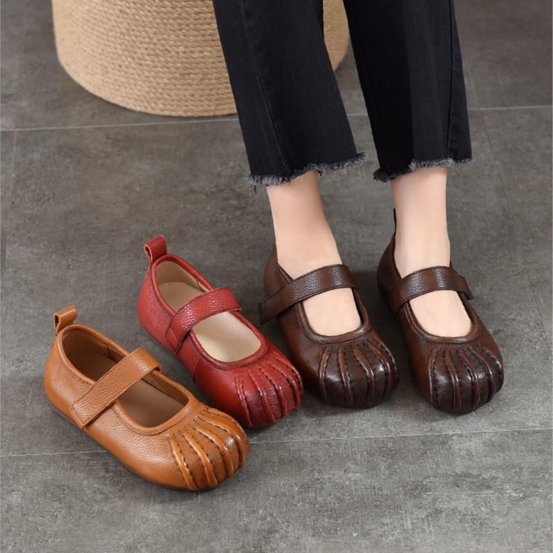 Johnature Echt Leer Zachte Zool Lage Uitsparing Platte Schoenen Comfortabele Ronde Neus Damesschoenen