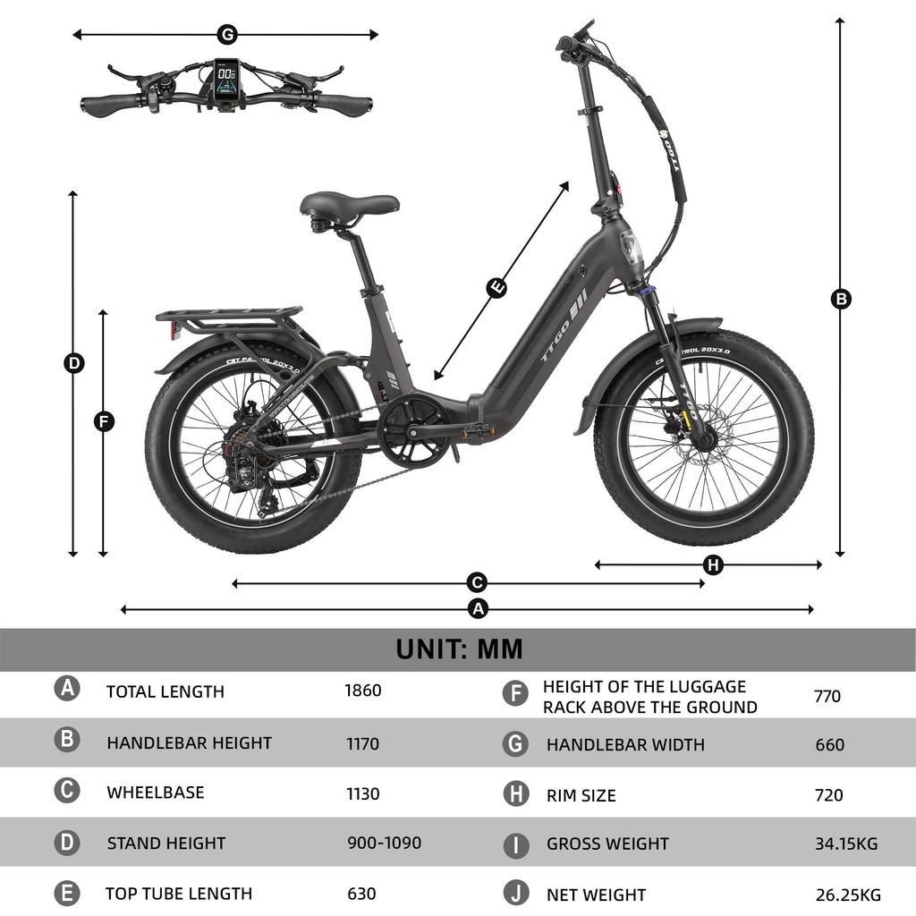 TTGO F7 Folding Electric Bike – 250W Motor – 48V 15Ah Battery – 120-140 Km Max Range – 20"×3.0" Tires – Hydraulic Brakes – Shimano 7speed