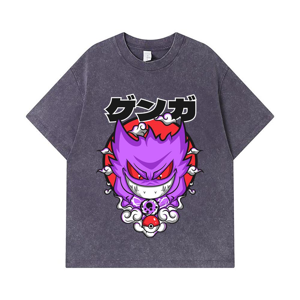 275 GSM Washed T-shirts 100% Cotton Pokemon V10 Gengar Print Unisex Heavy Cotton T Shirt