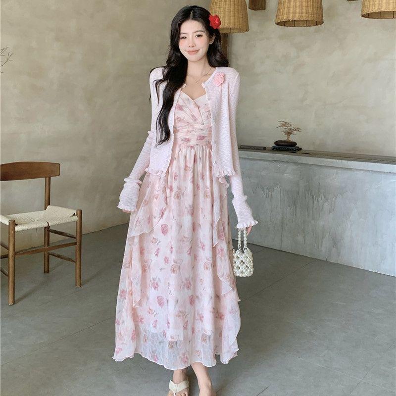 Women's Floral Ruffle Strappy Skirt & Cardigan Set for Spring/Summer 2026 Fashion