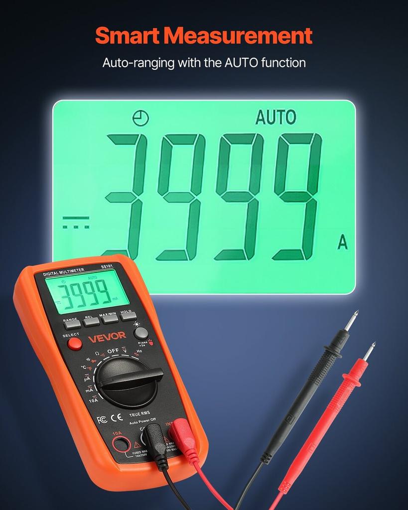 Digital Multimeter, 4000-Count TRMS DC/AC Voltmeter Current Tester, Auto-Ranging Multimeter for Current Voltage Resistance Capacitance Temperature