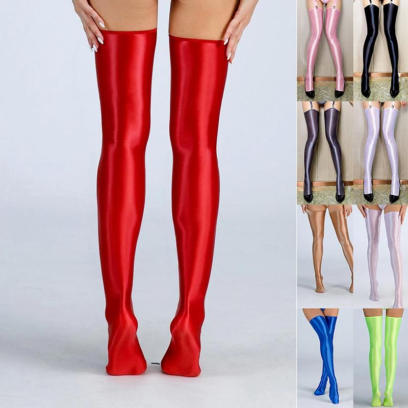 1Pair Lingerie Glossy Nylon Hosiery Oily Women's Shiny Stockings Solid Color Thigh High Socks