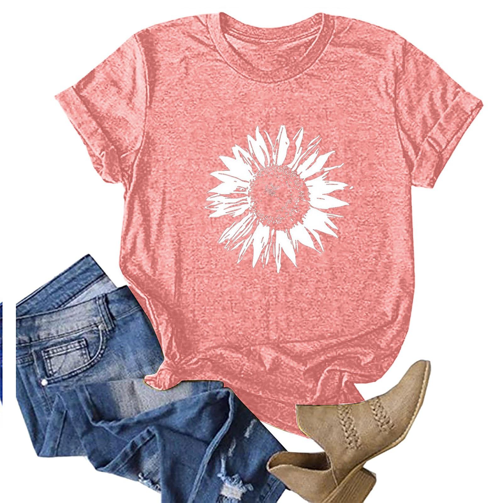 

Женская модная короткая футболка с цветочным принтом и круглым вырезом, свободная блузка, верхняя рубашка XL розовый