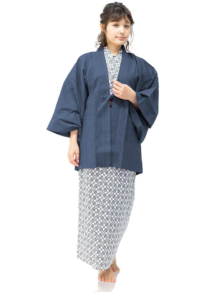 Ryokan Yukata Set Ryokan and Haori [KYOETSU] Women's 4-Piece (Haori, Yukata, Obi, Cord) (Yukata - 150, - Blue)