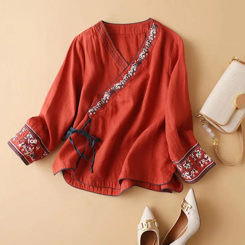 Female Cotton Linen Summer Embroidered Top Loose Vintage Hanfu Ancient Chinese Tea Zen Clothing