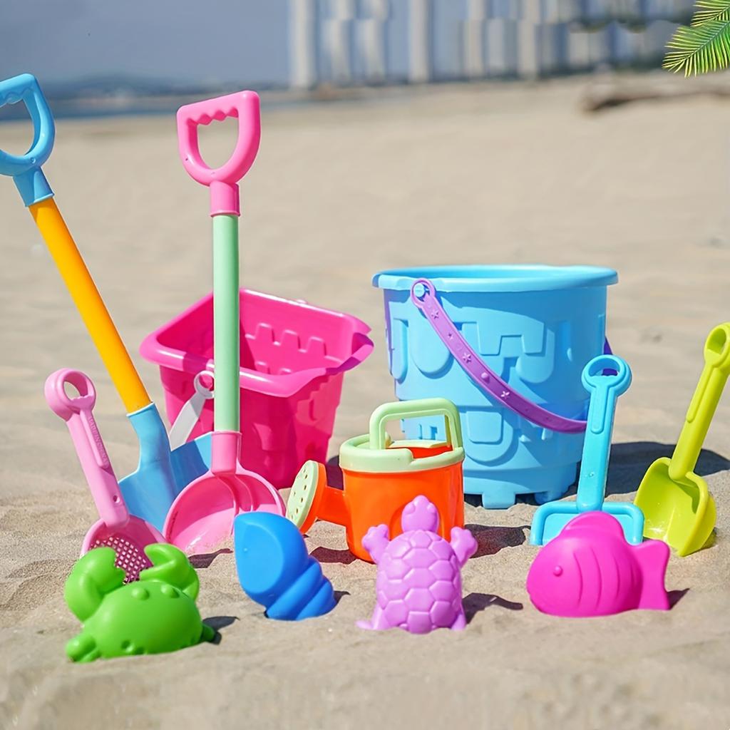 Children's beach and sandbox toy set, including a large round sandcastle bucket, sandcastle mold, and a large shovel. The colors