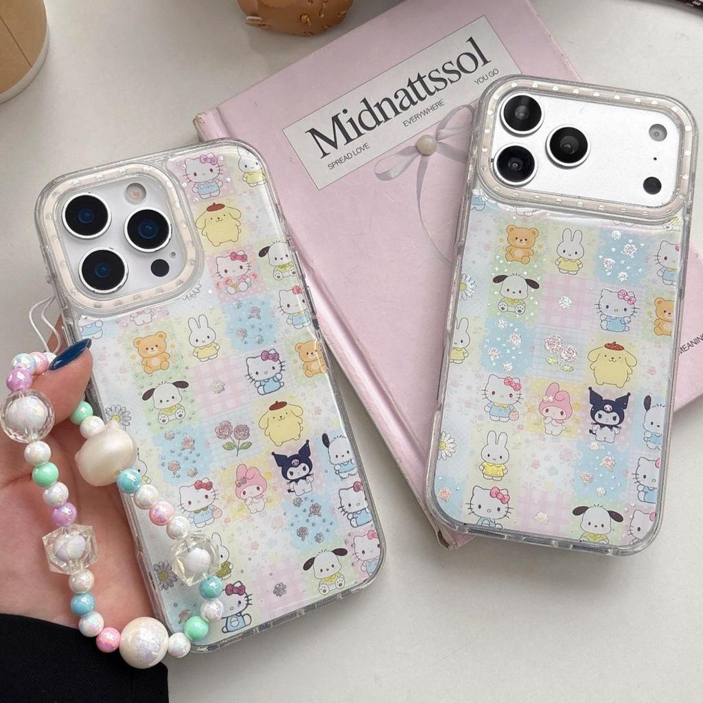 Glitter Cartoon Cat iPhone 15 Pro Max/17 Pro Case with Pearl Bracelet for Women