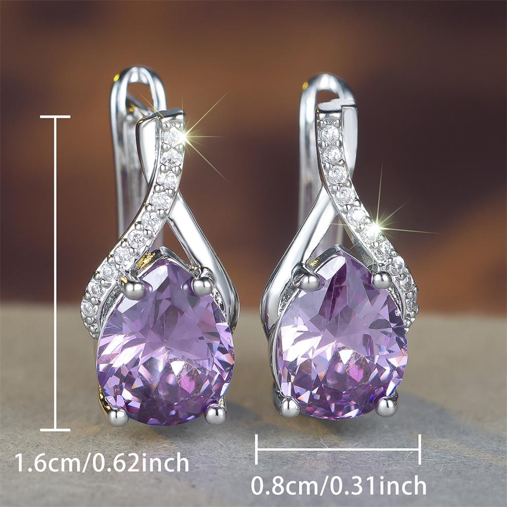 Purple Zircon Big Water Drop Stone Hoop Earrings For Women Vintage Silver Color Ear Buckle Wedding Jewelry Valentine's Day Gifts