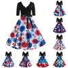 Women’s Casual Fashion Independence Day Printed V-Neck Retro Short-Sleeve Dress
