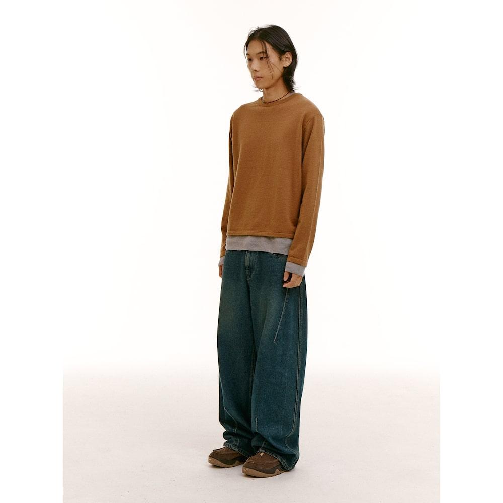 Saendeusaundeu (Unisex) Layered Wool Blend Sweater Yellowish Brown